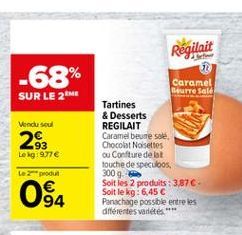 Régilait  -68%  SUR LE 2ME  Vend soul  29  Caramel  Beurre Sale Tartines & Desserts REGILAIT Caramel beure sale Chocolat Noisettes ou Conture de la touche de speculoos, 300 g. Soit les 2 produits : 3,87C Soit le kg: 6,45  Panachage possible entre les dif