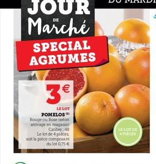 SPECIAL AGRUMES    3  LE LOT POMELOS Rouge ou Rose (selon arrivage en magasin  Calibre:48 Le lot de 4 pieces soit la pièce composant  du lot 0.75   LE LOT DE SPECS