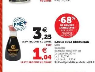 -68%  pme+  neng    de remise immediate sur le 2  produit ,25  au choix le 1" produit au choix sauce soja kikkoman  soit salee  ou sucrée ou teneur réduite en sel  la carate de 150 ml ,04 ll 2.67  le l des  2 14,30  le 2e produit au choix soit les 2 pr