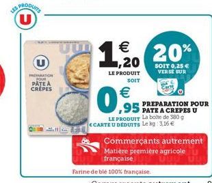 20  %  U  MATION PATE A CREPES   1,20  SOIT 0,25  LE PRODUIT  VERSE SUR SOIT   PREPARATION POUR LE PRODUIT La bolte de 380g CARTEU DEDUITS Le kg 3.16   0  0.65  Commerçants autrement Matière premiere agricole française  Farine de blé 100% française