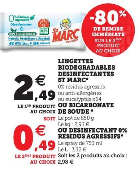 lingettes biodegradables desinfectantes st marc ou bicarbonate de soude ou desinfectant 0% residus agressifs