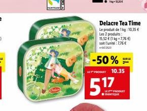 TEDE  Delacre Tea Time Le produit de 1kg :10,35  Les 2 produits : 15.52  1 kg = 776  soit l'unité : 7.76  120  -50%  SURU 20  PROMET 10.35  LEPRODUIT  TIQUE