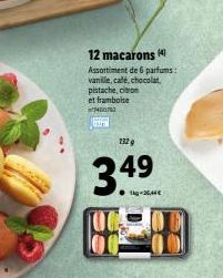 12 macarons Assortiment de 6 parfums: vanille, cale, chocolat pistache, citron et framboite  1320  tag26416  349 H20