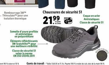 Rembourrage 3M Thinsulate pour une isolation thermique  Chaussures de sécurité S1  Coque en acier  Antistatiques Classe de sécurité 51  2199  Semelle d'usure profilée  et antistatique  en polyuréthane