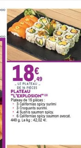 18  , - le plateau  de 16 pieces plateau "l'explosion 12 plateau de 18 pièces  3 californias spicy surimi  3 croquants surimi . 4 sushis saumon spicy.  6 californias spicy saumon avocat. 440 9. le