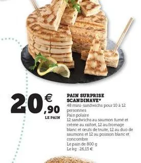 20,6%.   ,90 personnes  le pain  pain surprise scandinave 48 mini-sandwichs pour 10 & 12 pain polaire 12 sandwichs au saumon fumé et créme au rafort 12 au fromage blanc et cuts de truite, 12 au duo d