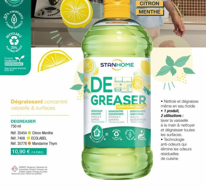 d'origine  for green ho  d'ingred  rédients  naturelle  recyclable  25%  plastique  ecycle  formule facilement biodegradable selon les lignes directrices ocde 301f  v  dégraissant concentré vaisselle