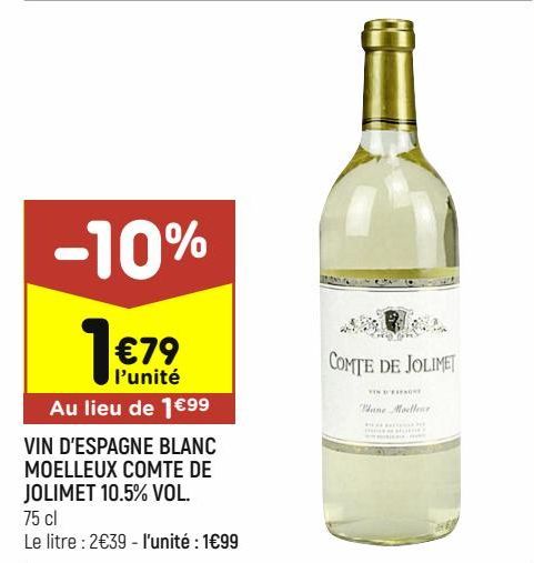 vin d'espagne blanc moelleux comte de jolimet 10.5% vol