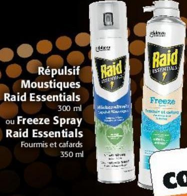 Répulsif Moustiques Raid Essentials ou Freeze Spray Raid Essentials