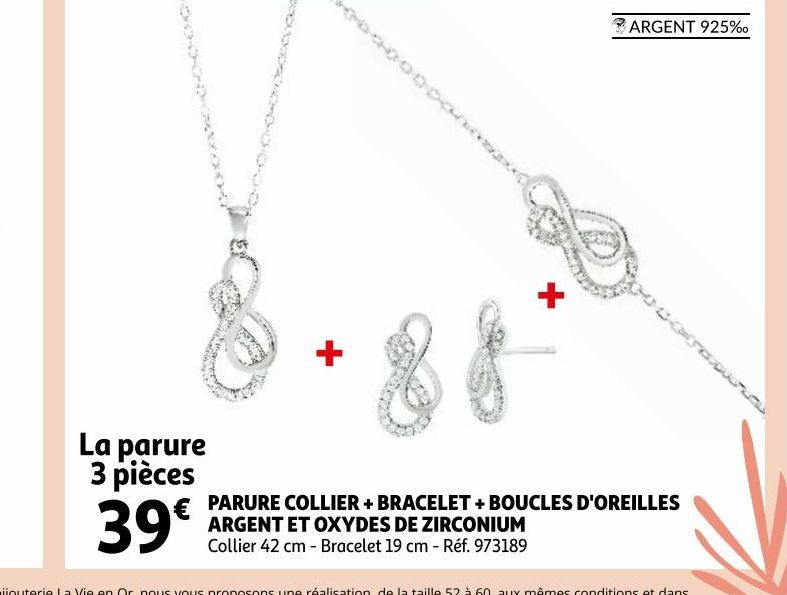 PARURE COLLIER + BRACELET + BOUCLES D'OREILLES ARGENT ET OXYDES DE ZIRCONIUM