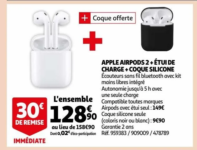 apple airpods 2 + étui de charge + coque silicone