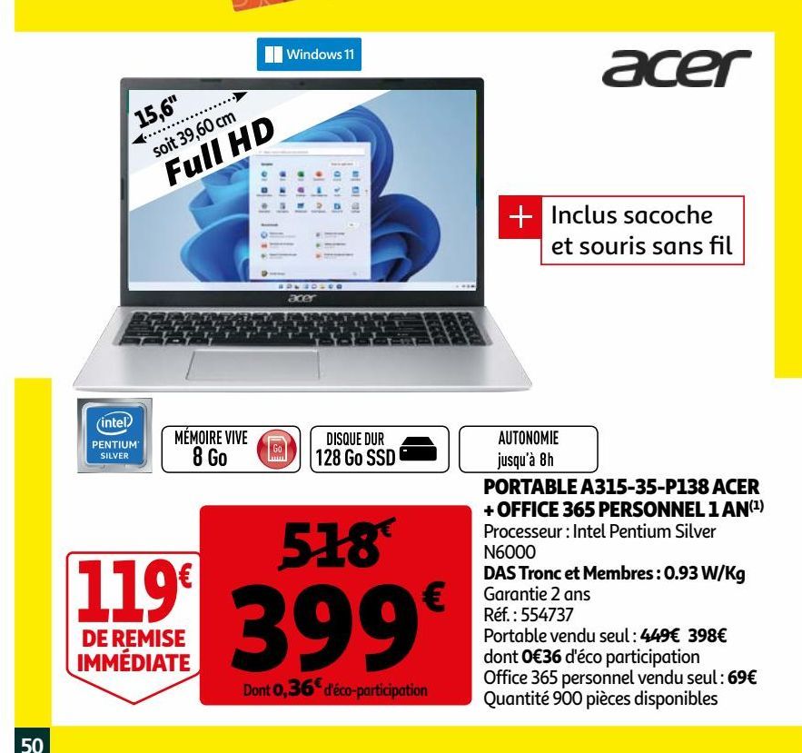 PORTABLE A315-35-P138 ACER + OFFICE 365 PERSONNEL 1 AN