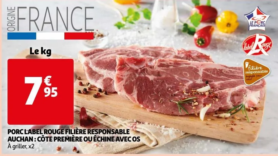 porc label rouge filière responsable auchan : côte première ou échine avec os
