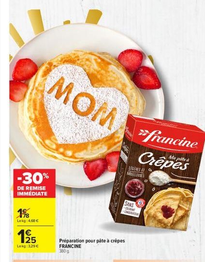 MOM  "francine  Crêpes  LAIRES ET MOELLEURS  -30%  DE REMISE IMMÉDIATE  SANS GMT  16  .  Lekg: 4,68    25 Lekg: 3.29  Préparation pour pâte à crêpes FRANCINE 380 g