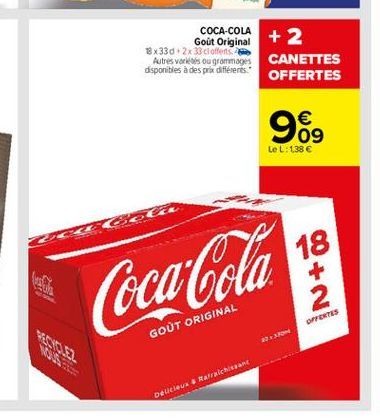 COCA-COLA Gout Original  + 2 18x338.2x 33 cloffers  Autres varieties ou grammare CANETTES disponibles à des prix différents.  OFFERTES  969    LeL: 138   18 +  CocaCola  OFFERTES  GOÛT ORIGINAL  29.