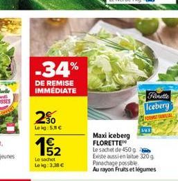 -34%  DE REMISE IMMEDIATE  Farette Iceberg  2%  POTEM  Lekg: 5.00 1  152 Le sachet Lekg: 3.38   Maxi iceberg FLORETTEN Le sachet de 450g biste aussi en lite 3209 Panachage possible Au rayon Fruits e