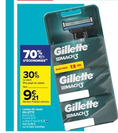 70%  Gillette MACH3  D'ÉCONOMIES  MAD PACK 12 -  30%  Gillette  Le pack Pric payé en caisse Soit    EMACH3  9  Remise Fideite déduite  Gillette EMACH3  Lames de rasoir GILLETTE Mach3241 Fision (614)