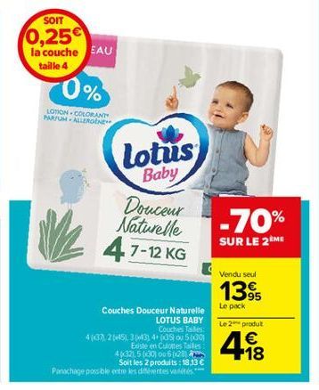 SOIT 0,25 la couche EAU taille 4  0%  LOMON.COLORANTE PARFUM ALLEROEN  Lotus  Baby  Douceur Naturelle 47-12 KG  -70% SUR LE 2M  Vendu seul  1395  Le pack  Couches Douceur Naturelle  LOTUS BABY  Couche