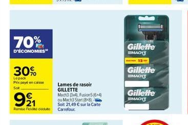 70%  D'ÉCONOMIES"  Gillette EMAIL  12 Gillette IMACI  30%  Lepack Peix peye encaisse Sot  9  Lames de rasoir GILLETTE Mach B Fusion5164 ou Mach3 Start (88) Solt 21,49  sur la Carte Carrefour  Gillett