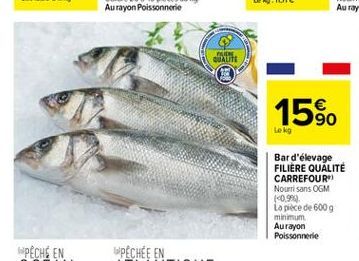 QUALIT  15%.  Bar d'élevage FILIERE QUALITÉ CARREFOUR Nouri sans OGM (0.900 La piece de 6009 minimum Aurayon Poissonnerie  PECHEE EN