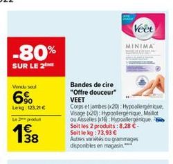 Veet  MINIMA  Vand soul  6%  Lekg 123.21 Lot  Bandes de cire "Offre douceur" VEET Corps et jambes (x20): Hypoallergénique, Visage (20): Hypoalergenique, Maila ou Asselles 1 Hypoallerginique Soit les