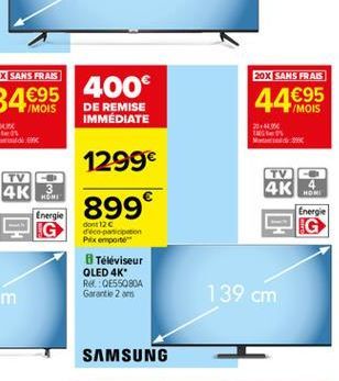 20X SANS FRAIS  400 DE REMISE IMMEDIATE  44  /MOIS  UK  2006  1299  TV  TV  3  4K  4K 4  899  Energie  Energie  G  dont 120 con Pilxemporte Téléviseur QLED 4K Rel:QE55Q80A Garantie 2 ans  139 cm  SA