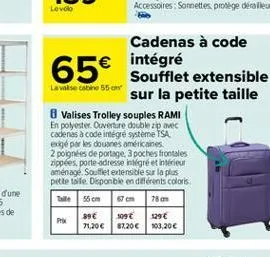 cadenas à code 65 soufflet extensible  intégré la valise cat 55  sur la petite taille valises trolley souples rami en polyester ouverture double zipovec cadenas à code intégre systeme tsa exigé par l