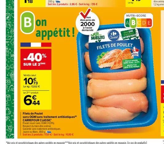 Lekg  Bon  NUTRI-SCORE ABCDE  appétit!  ous étes pres de 2000  à l'avoir demande  MIEUX! Chloe  ????  ft BANS  trails ANTIBIOTICES  FILETS DE POULET  -40%  SUR LE 2ÈME  ???????? LANS ON  BIECT DO BEN