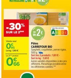 Carrefour  -30%  NUTRI SCORE  SUR LE 21  de 2  ABIDE  Vondus  0  Lekg: 1.90  Le groot  Pátes CARREFOUR BIO Spaghetti, coquilles,penne rigate, 5009 Soit les 2 produits: 1.61C-Soit le kg: 1,61  Autre