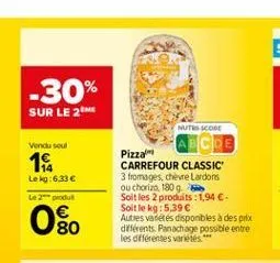 -30% sur le 21  vendu soul  1  le kg:6.33  nuts core  cde pizza" carrefour classic 3 fromages, chevre lardons ou chorizo, 1809 soit les 2 produits : 1,94 . soit le kg: 5,39  autres varieres disponb