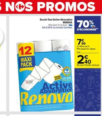 Essuie-Tout Active Absorption  RENOVA Madpak 12 rouleaux Soit 5,59  sur la Carte Carrefour  70%  D'ÉCONOMIES  79  .12  Le Max pack Prix payé en caisse Soit    MAXI PACK  240  Remise Fidelite dédute