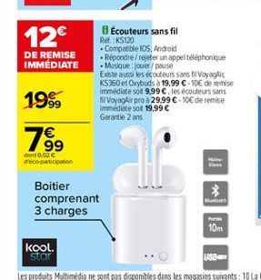 12  DE REMISE IMMÉDIATE  Écouteurs sans fil Ref KS120 . Compatible IOS, Android Repondie/tejeter un appel telephonique - Musique jouet/pouse Existe aussi les écouteurs sans fil Voyage KS360 et Oxybud