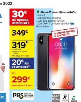 DE REMISE IMMEDIATE  BiPhone X reconditionné 6460 Grade A Debloqué tout opérateur Livre avec accessoires neuts Controle ME certification produto Garantie 1 an  349  QUANTITE LIMITEE A 400 PIECES  319