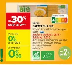 Dar BIO  NUTRI-SCORE -30%  DE Pates SUR LE 26  CARREFOUR BIO Spaghetti, coquillettes, penne rigate.  500g Voodusul  Soit les 2 produits : 161-Soit le kg: 1,616  Autres variétés disponibles despre Lek