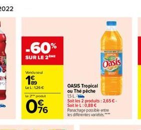 -60% SUR LE 26  Oasis  Vendu sout  18  LeL:1266 to z  046  OASIS Tropical ou Thé pêche 15L Soit les 2 produits : 2,65 SoitleL: 0,88  Panachage possible entre les diferentes variis