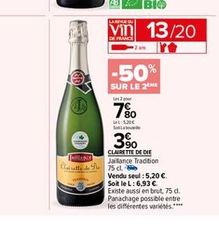 LARIYLABU  13/20  DE FRANCE  -50% SUR LE 241 780  5.200 Slabo  390  CLAIRETTE DE DIE  Jaillance Tradition Clairette 75 cl.  Vendu seul : 5,20  Soit leL: 6,93  Existe aussi en brut, 75 d. Panachage p