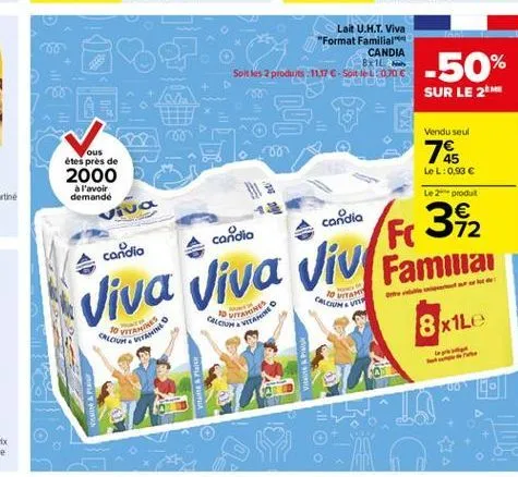 lait u.h.t. viva "format familial  candia  81 soit les produs: 117 . soit le lojo  -50%  sur le 2  uno  vendu seul  7  ous étes pres de 2000  à l'avoir demande  45 le l:0.93   le produit  viva  candi