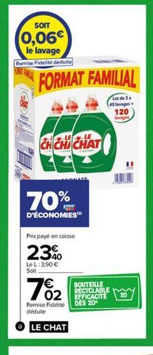 SOIT  0,06 le lavage  Remise Fidelite déduite  FORMAT FAMILIAL  Lot de 40 loges  120 lavage  CHCHAT  70%  D'ÉCONOMIES  Prix payé en caisse  23.0  LeL:3,90  Sot    02 Remise Fidente déduite  BOUTEIL