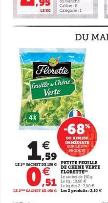 LENG  Florette  Feuille Chêne  Verte  -68%  1999    DE REMISE IMMEDIATE SUR LE 26 PRODUIT  LE 1 SACHET DE 150 G PETITE FEUILLE  DE CHENE VERTE  FLORETTEN  Le sachet de 150 g ,51 Lelg 10.60   Le kg