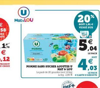 Mats LOU  20%  SOIT 1,01  VERSE SUR  Con  110  5.   ,04  POMME   1,12  LE PACK  SOIT   POMME SANS SUCRES AJOUTES U  MAT & LOU 1,03 Le pack de 20 gourdes (soit 18 kg LE PACK  Lekg 2,80  ECARTE U D