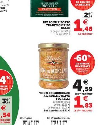 DE REMISE IMMEDIATE  2015 IST 12 RISOTTO  TRADITION de Turisme Durable  2.  RIZ POUR RISOTTO TRADITION RISO  GALLO Le paquet de 500 g  Lekg: 2,92    ,46  LE PRODUIT  Harelli  -60%  FILETS DE  MON EN