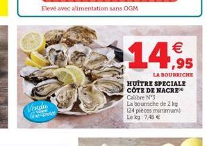  1,95  LA BOURRICHE HUITRE SPECIALE COTE DE NACRE Calibre Nº3 La bourriche de 2 kg 124 pièces minimum) Le kg: 748   Vendu Meaves