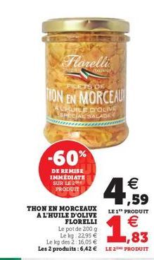 Flarelli  TALLE  PILETS DE  TION EN MORCEAU  LHUILE D'OLIVE SPECIAL SALADE  -60%  DE REMISE IMMEDIATE SUR LE 2017 PRODUIT   1,59   THON EN MORCEAUX A L'HUILE D'OLIVE  LE 1 PRODUIT FLORELLT Le pot de