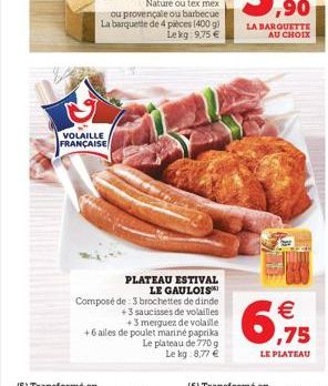 LA BARQUETTE  AU CHOIX  VOLAILLE FRANÇAISE  PLATEAU ESTIVAL  LE GAULOIS Composé de 3 brochettes de dinde  +3 saucisses de volailles  +3 merguez de volaile + 6 ailes de poulet marine paprika  Le platea