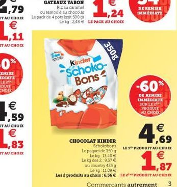 DE REMISE IMMEDIATE  times  350g  Kinder Schoko- Bons  -60%  DE REMISE IMMEDIATE SUR LE PRODUIT AU CHOIX   CHOCOLAT KINDER  ,69 Schokobons  LE 1? PRODUIT AU CHOIX Le paquet de 350 g  Lekg 13,40  Le