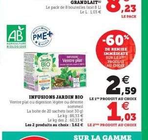 LE PACK  AB  PME+  -60%  AGRICULTURE BIOLOGIQUE  Jardin BIO etc  INSON Ventre plat  DE REMISE IMMEDIATE SUR LE 2 PRODUIT AU CHO  2.59  1,63