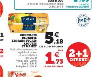 Cocktai  S' MAMET  PME+  PLAISIR  ENGED   ,18  .  COUPELLES  DE FRUITS LES SANS SUCRES  AJOUTES  ST MAMET LES 3 LOTS AU CHOIX Cocktail ou ananas COCO  SOIT ou peche douceur Le lot de 4 boltes  soit 2