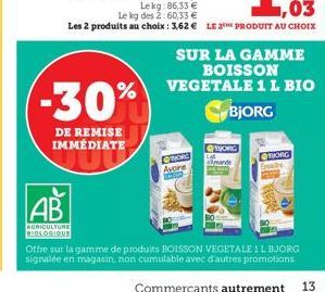 -30%  ORG  EUR urde  CEO Avere  AB  AGRICULTURE DEBESUS Offre sur la gamme de produits BOISSON VEGETALE SL BJORG signalée en magasin, non cumulable avec d'autres promotions  13