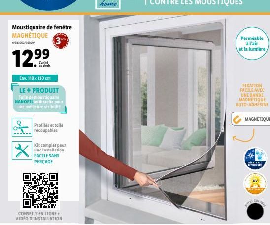 Moustiquaire de fenêtre MAGNÉTIQUE  3  Permeable  à l'air et la lumière  12.99  Env. 110 x 130 cm LE + PRODUIT  Toile de moustiquaire NANOFIL anthracite pour une meilleure viabilite  FIXATION FACILE A