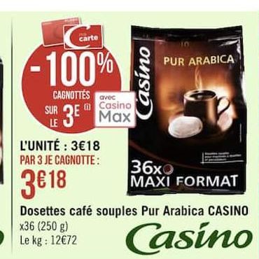 Dosettes café souples Pur arabica CASINO